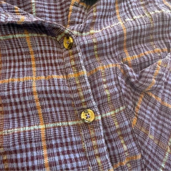 Free People- Lightweight-Purple-Metallic-Fall-Plaid- Button Up- Cotton-Women’s S - Picture 8 of 13